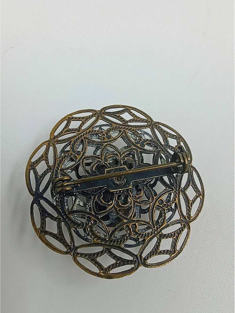 Vintage Brass Filigree Brooch with Multicolor Faceted Glass Stone